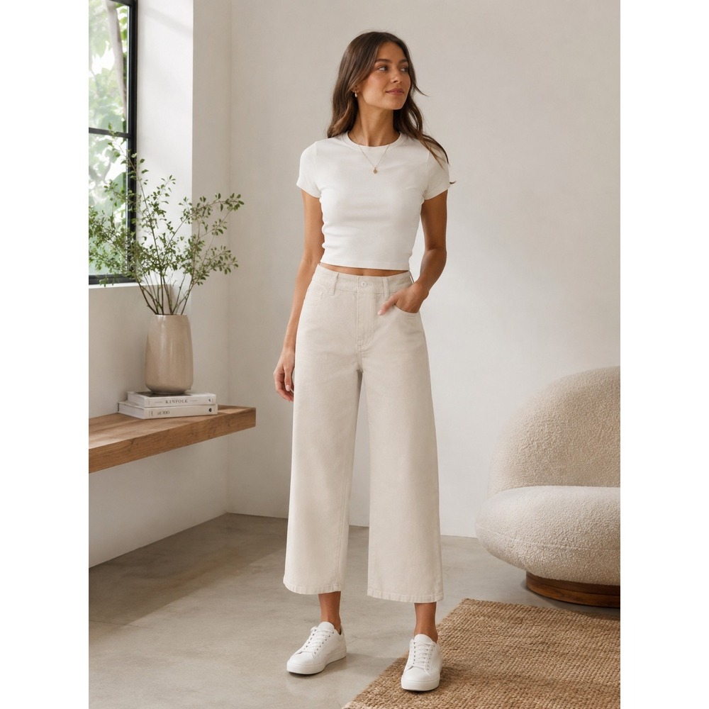 NWT Universal Thread Women High Rise Sailor Wide Leg Ankle Jeans Beige Size 14